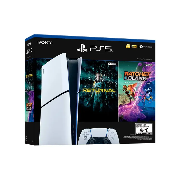Consola PS5 Digital 1TB Slim Blanco|Negro + 1 Control inalámbrico + Juego PS5 Returnal (Voucher) + Juego PS5 Ratchet & Clank: Rift Apart (Voucher)