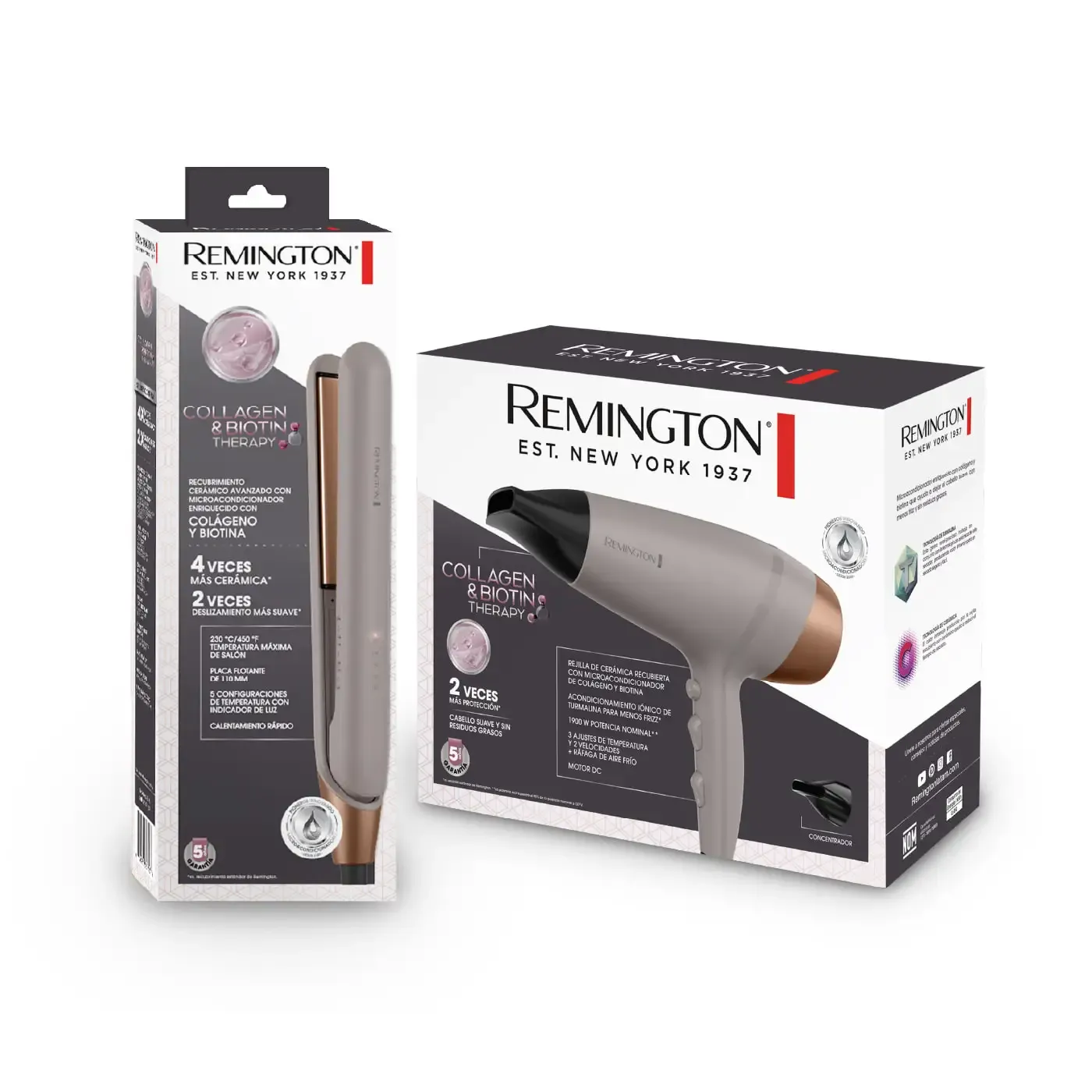 Combo Remington Plancha + Secador Biotina y Colageno Gris
