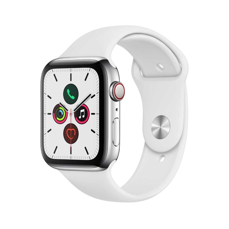 Apple Watch Series 5 + Cellular 44 mm Caja de Acero Inoxidable Plata, Correa Deportiva Blanca