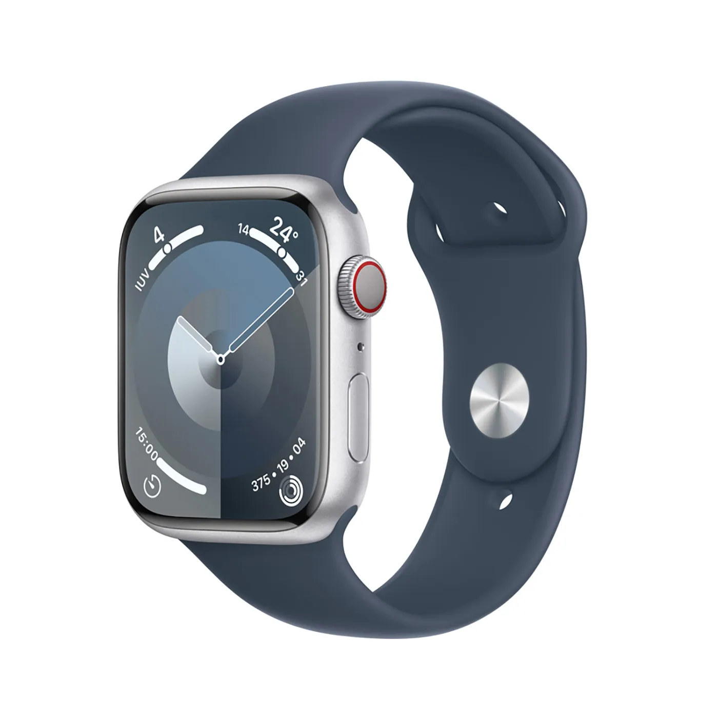 Apple Watch Series 9 GPS + Cellular de 45 mm Caja de Aluminio en Plata, Correa Deportiva Azul Tempestad Talla S|M