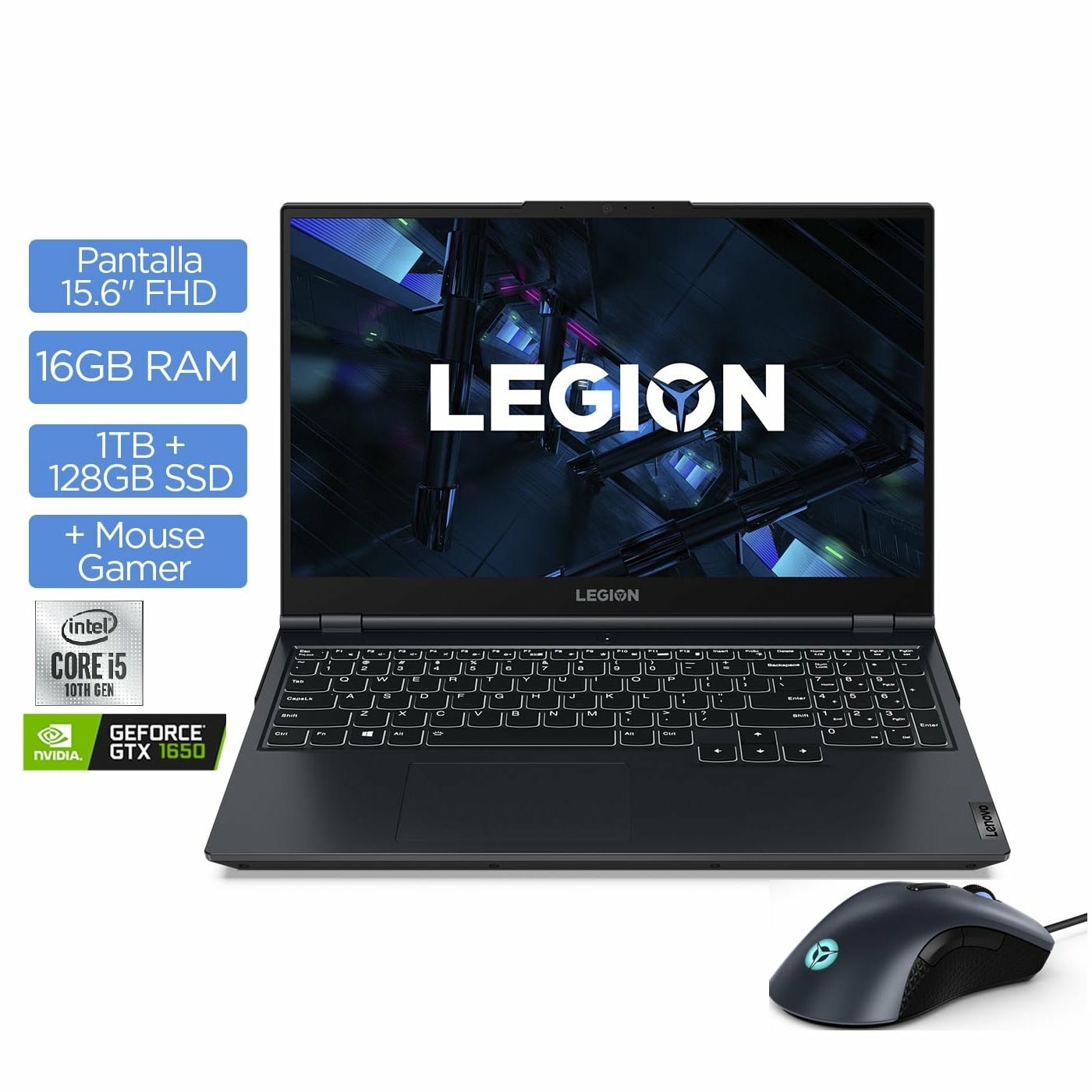 Computador Portátil Gamer LENOVO 15,6" Pulgadas Legion 5 - Intel Core i5 - RAM 16GB - Disco SSHD 1TB + +128GB - Negro + Mouse