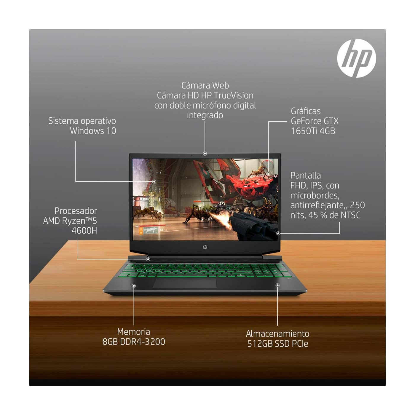 Computador Portátil HP Pavilion Gaming 15,6" Pulgadas ec1037 - AMD Ryzen 5 - RAM 8GB - Disco SSD 512 GB - Negro