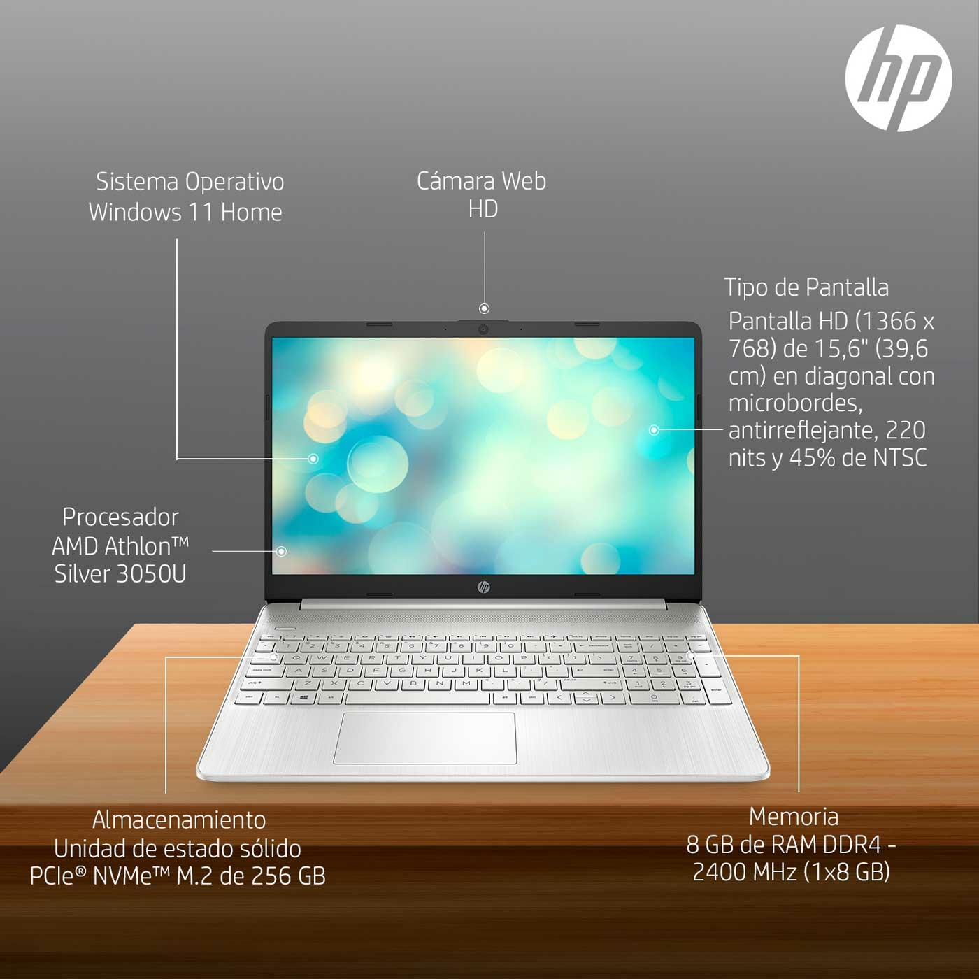 Computador Portátil HP 15.6" Pulgadas ef1501la - AMD Athlon - RAM 8GB- Disco SSD 256 GB - Plata