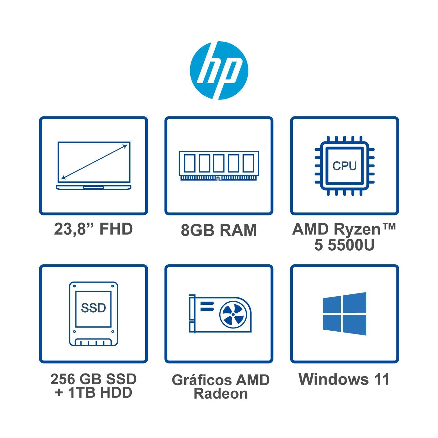 Computador All in One HP 23.8" Pulgadas cb0013la - AMD Ryzen 5 - RAM 8GB - Disco SSD 256 GB + Disco HDD 1 TB - Negro