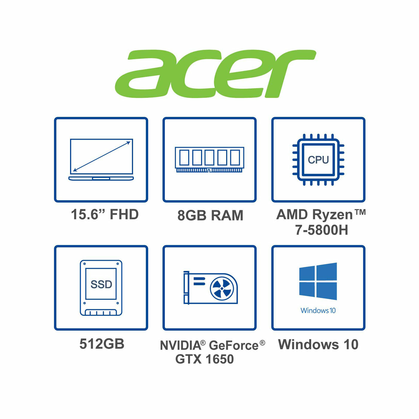 Computador Portátil Gamer ACER 15.6" Pulgadas R226 - AMD Ryzen7 - RAM 8GB - Disco SSD 512GB - Negro