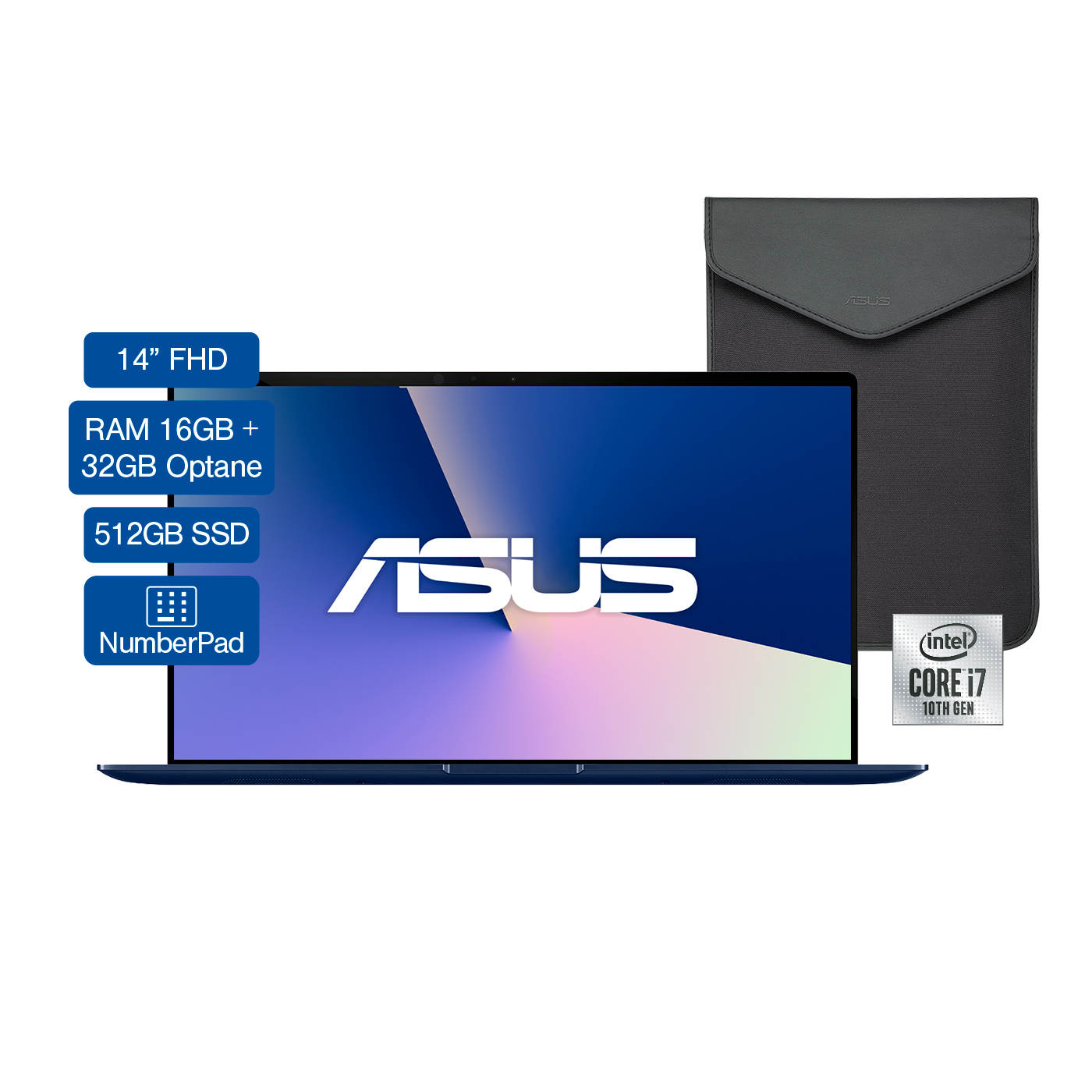 Computador Portátil ASUS Zenbook 14" Pulgadas UX433FAC-A5325TS Procesador Intel Core i7 RAM 16GB + 32GB Intel Optane Disco Estado Sólido 512GB-Azul