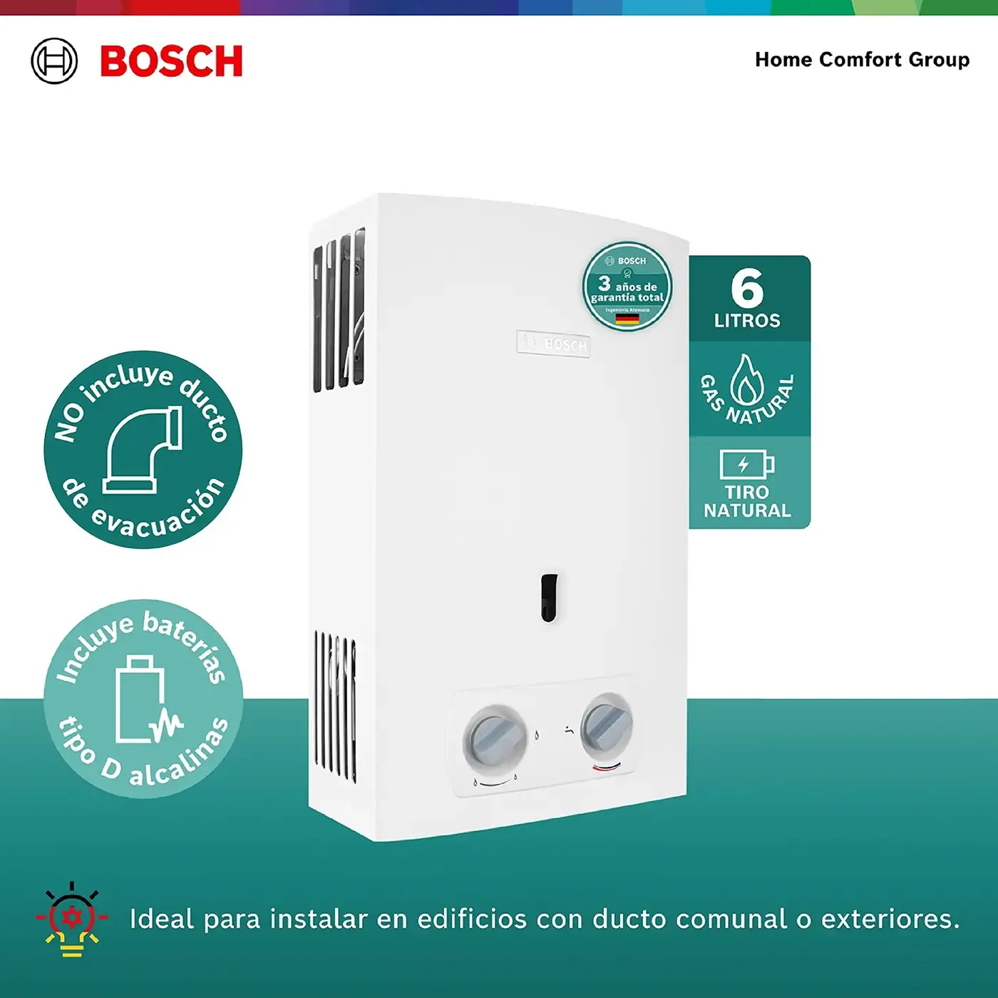 Calentador de Paso BOSCH 6LTS Tiro Natural Gas Natural Therm 1000 Blanco
