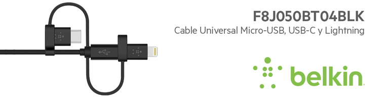 Cable BELKIN USB-A a Micro USB con Adaptador USB-C y Lightning de 1.20 Metros Negro