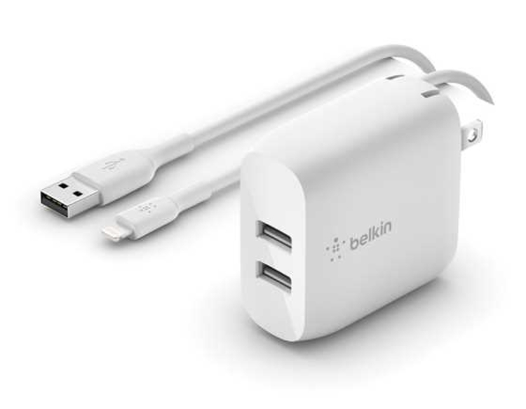 Adaptador|Cargador de Pared BELKIN Dual 24 W (12W USB|12W USB) + Cable USB a Lightning de 1.0 Metro Blanco