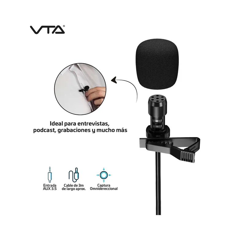 Micrófono de Solapa VTA Alámbrico con Gancho de Sujeción 3.5mm