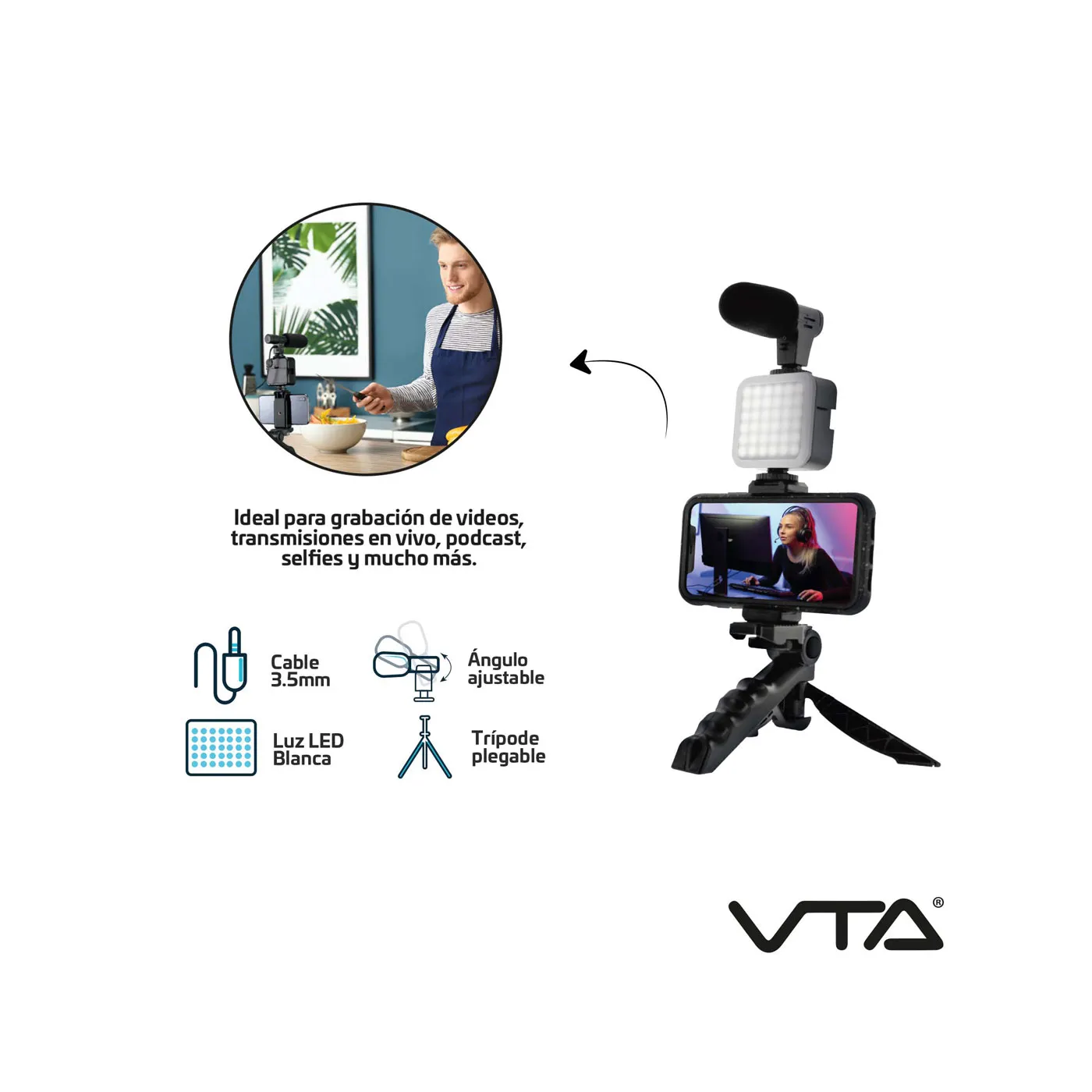 Kit Vlogger VTA Con Soporte para Smartphone, Luz Led, Micrófono y Base Convertible en Trípode o en empuñadura