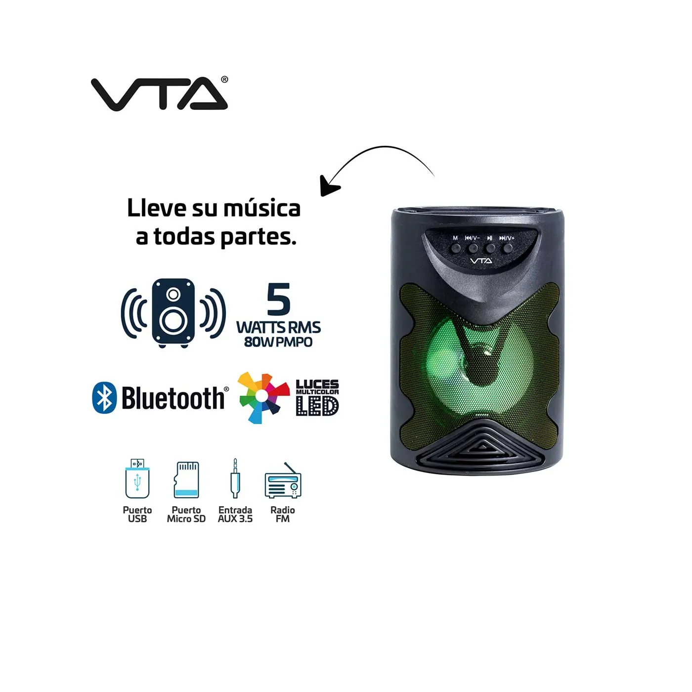 Parlante VTA Recargable Bluetooth Radio FM/Puerto USB/MicroSD 5W Negro