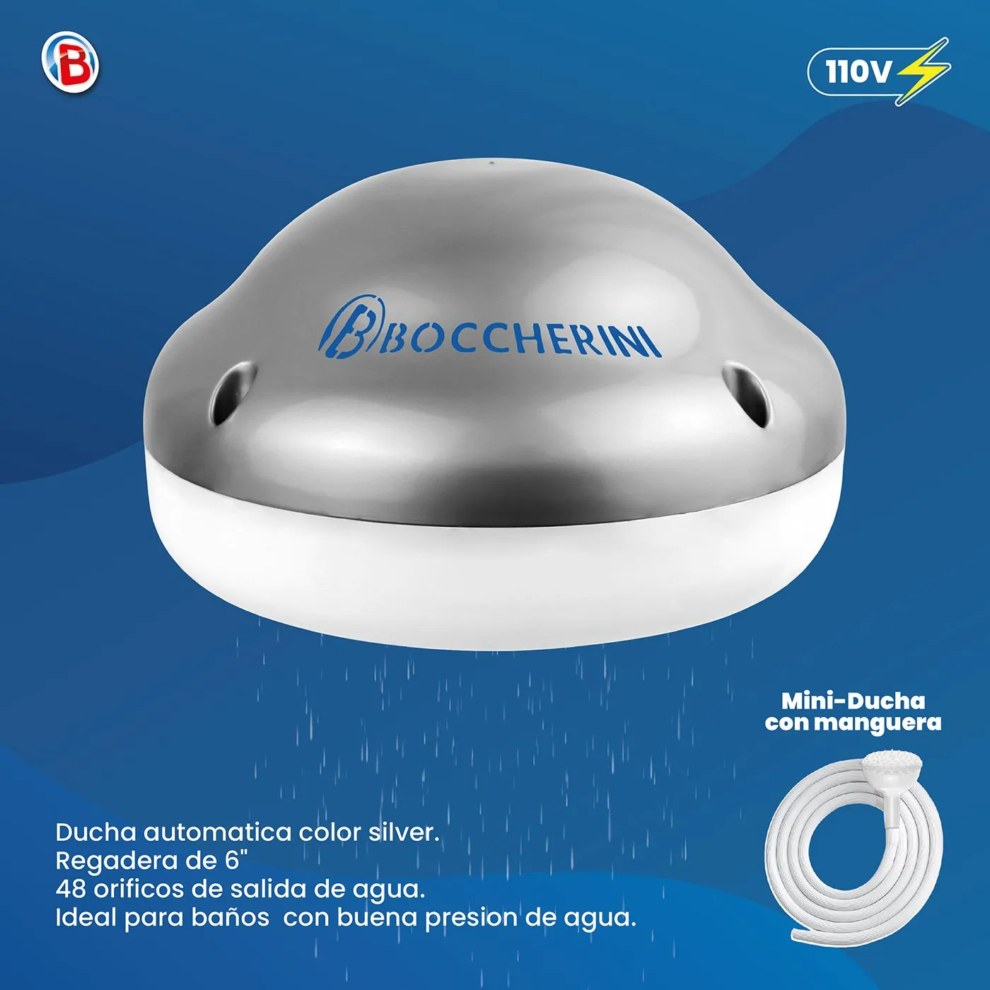 Ducha Electrica BOCCHERINI Premium Zent Silver 120V con Manguera