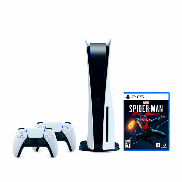 Consola PLAYSTATION PS5 Estándar 825GB + 2 Controles Inalámbricos DualSense + 1 Juego Spider-Man Miles Morales Blanco|Negro