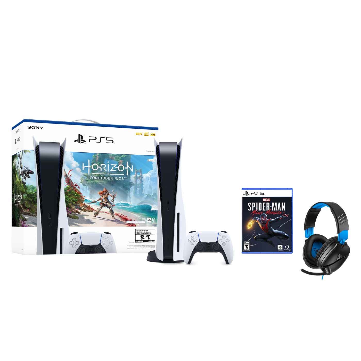 Consola PS5 Estándar 825GB + 1 Control Dualsense + Juego PS5 Spiderman + Audífono Recon 70P + Voucher para descargar Juego Digital Horizon Forbidden