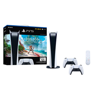 Consola PS5  Digital 825GB + 2 Controles Dualsense + Voucher para descargar Juego Digital Horizon Forbidden + Control Remoto PS5